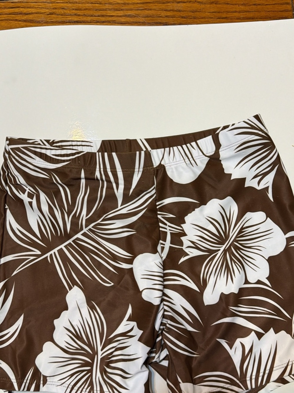 Brown & White Tropical Print Swim Shorts